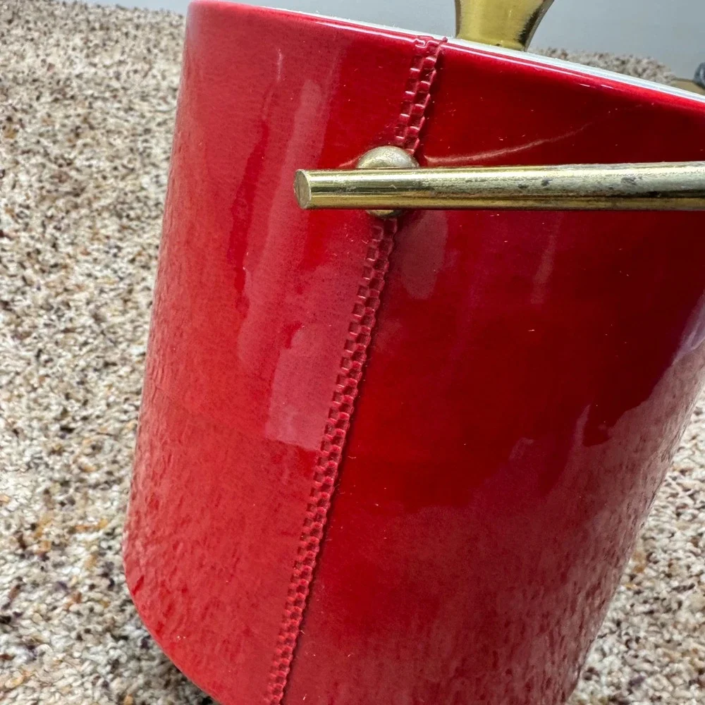 Vintage Gimbels Red Vinyl Ice Bucket Brass Handle Mid Century Modern Made Italy